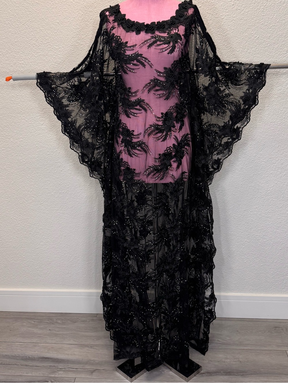 Custom Black Beaded Lace Kimono Duster Maxi Overlay Couture Handmade Sheer